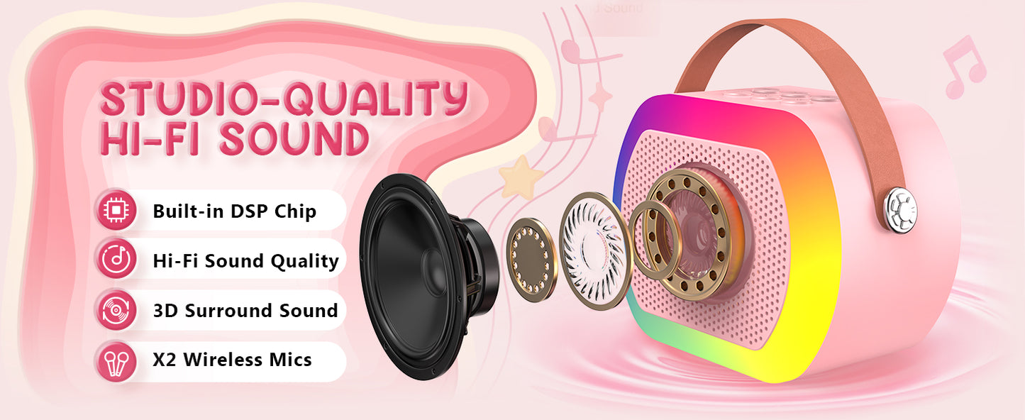 Mini Karaoke Machine with 2 Wireless Microphones