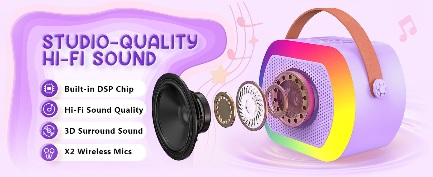 Mini Karaoke Machine with 2 Wireless Microphones